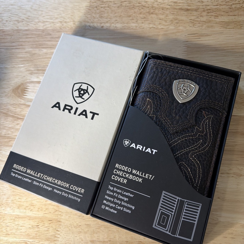 Ariat Mens Boot Embroidery Leather Checkbook Cover Rodeo Wallet Brown
